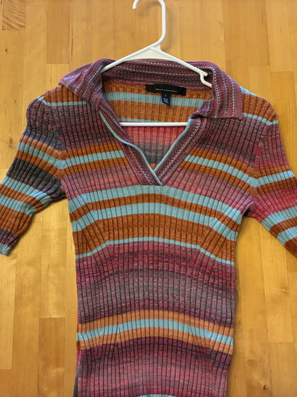 White House Black Market Striped Ribbed V-Neck Sweater in Pink, Blue & Brown